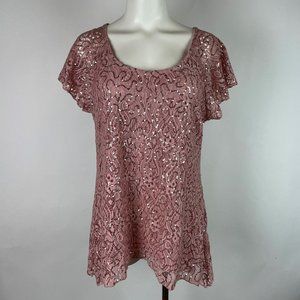 BRITTANY BLACK Sequin pink short sleeve party top Medium